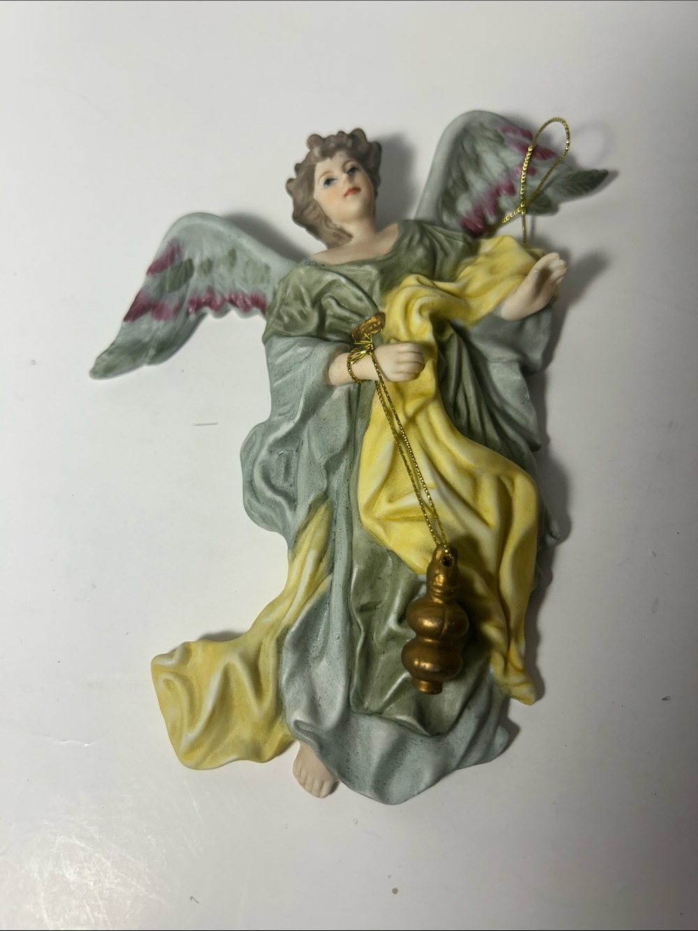Hand-Painted Angel Holiday Ornament in Green and Yellow